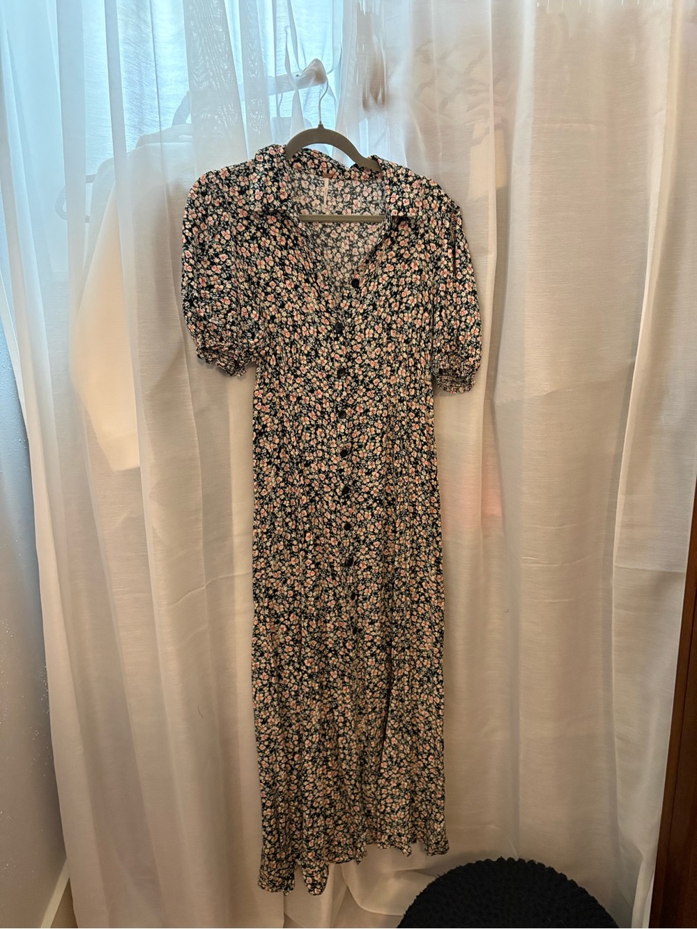 Floral Free People Button-Front Maxi Dress in Navy and Pink